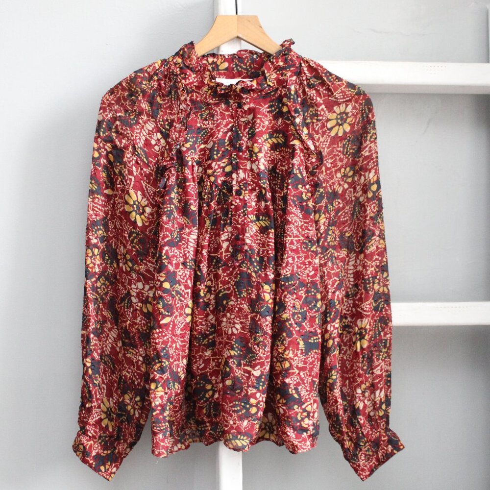 ba&sh Gaelle Sheer Floral Red Yellow Long Sleeve Mock Neck Blouse Size Medium - Picture 2 of 9
